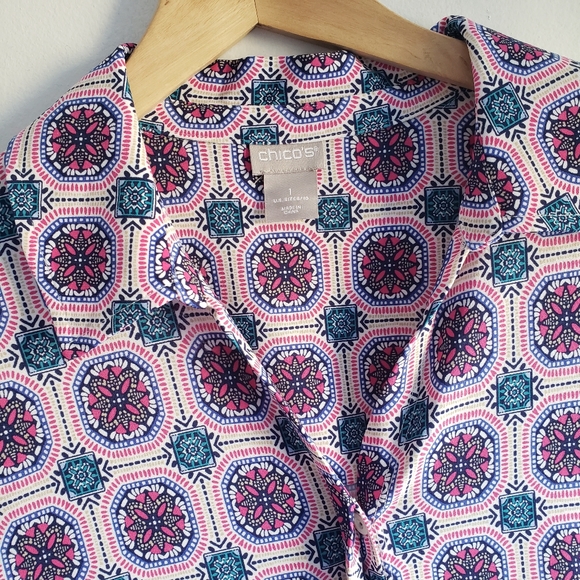 Chico's Medallion Midi Button Down  Shirt Dress Printed 1 Stretch Medium - Picture 5 of 13